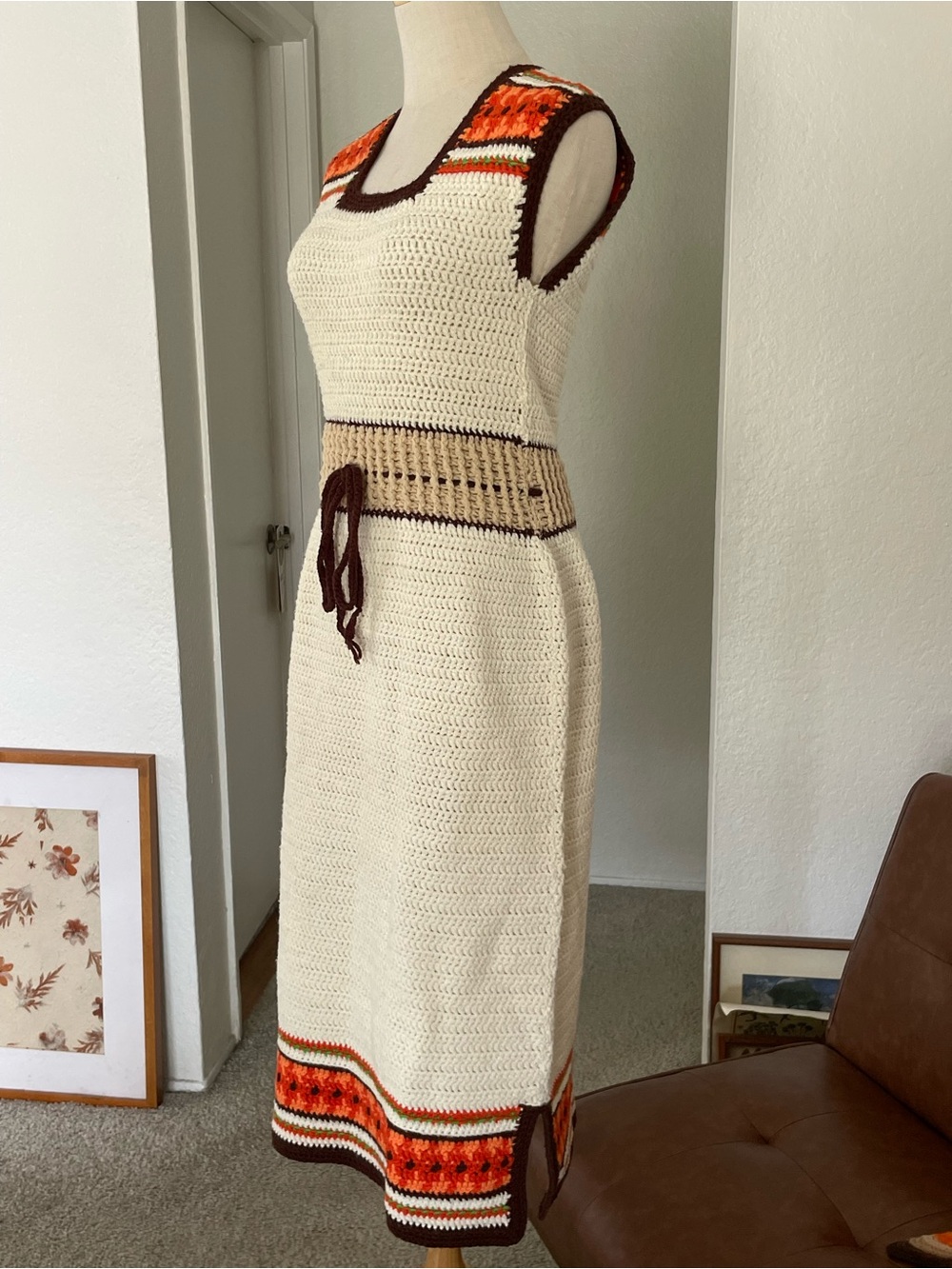 Vintage 1970s Boho Hippie Knit Crochet Dress - Picture 3 of 7